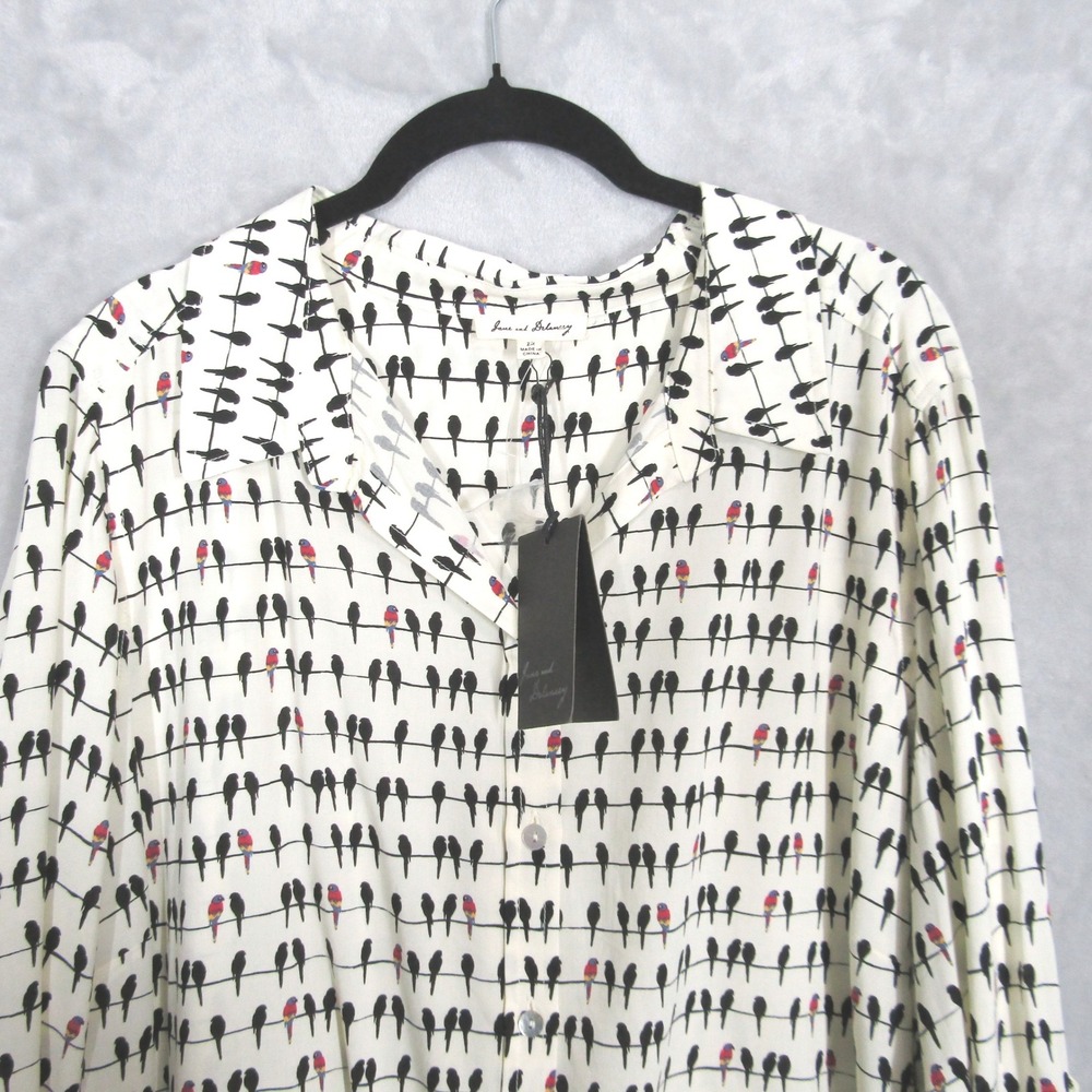 Jane and Delancey Bird Print Button Down Tunic Shirt Womens 2X Cream Rayon NWT - Picture 3 of 10